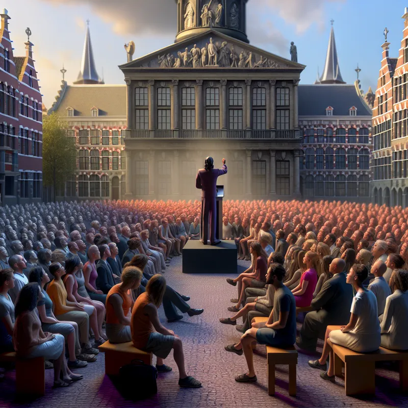 Een menigte van aandachtige mensen in een stedelijk plein, luisterend naar een spreker op een verhoogd platform