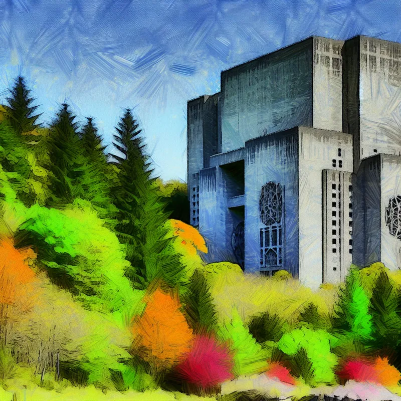 Massaal betonnen gebouw tegenover een kleurrijk natuurlandschap met bomen en een blauwe hemel