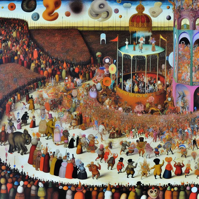 Een surrealistisch concert met een grote menigte, waarin bizarre wezens en mensen in extravagante kostuums samen dansen.