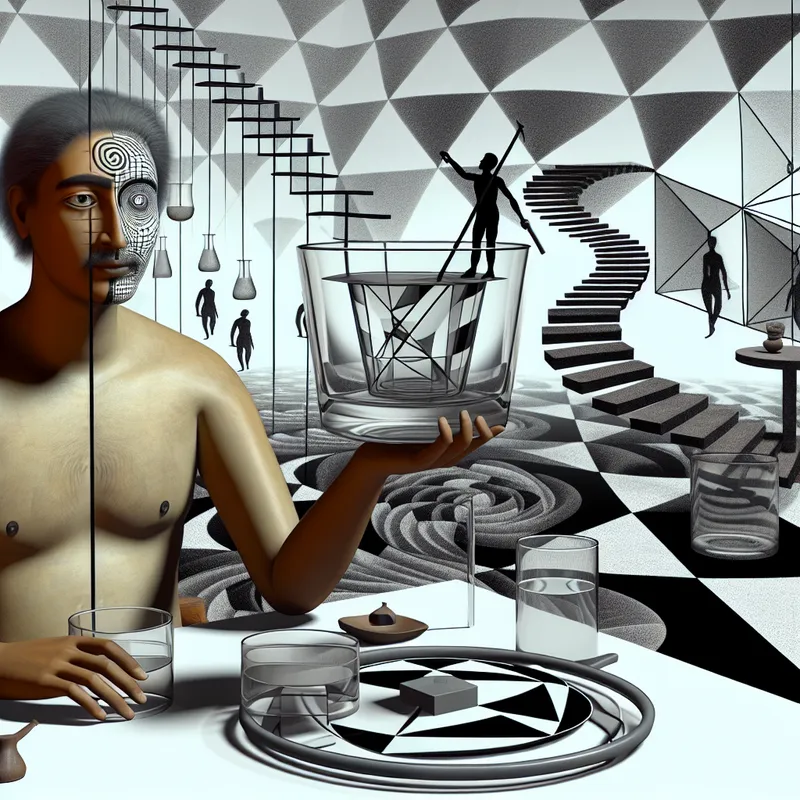 Surrealistische illustratie van een man aan tafel met een perfect gebalanceerd glas wijn in een geometrische maatbeker, omringd door optische illusies en een onmogelijke trap, symboliserend matigheid en grenzen