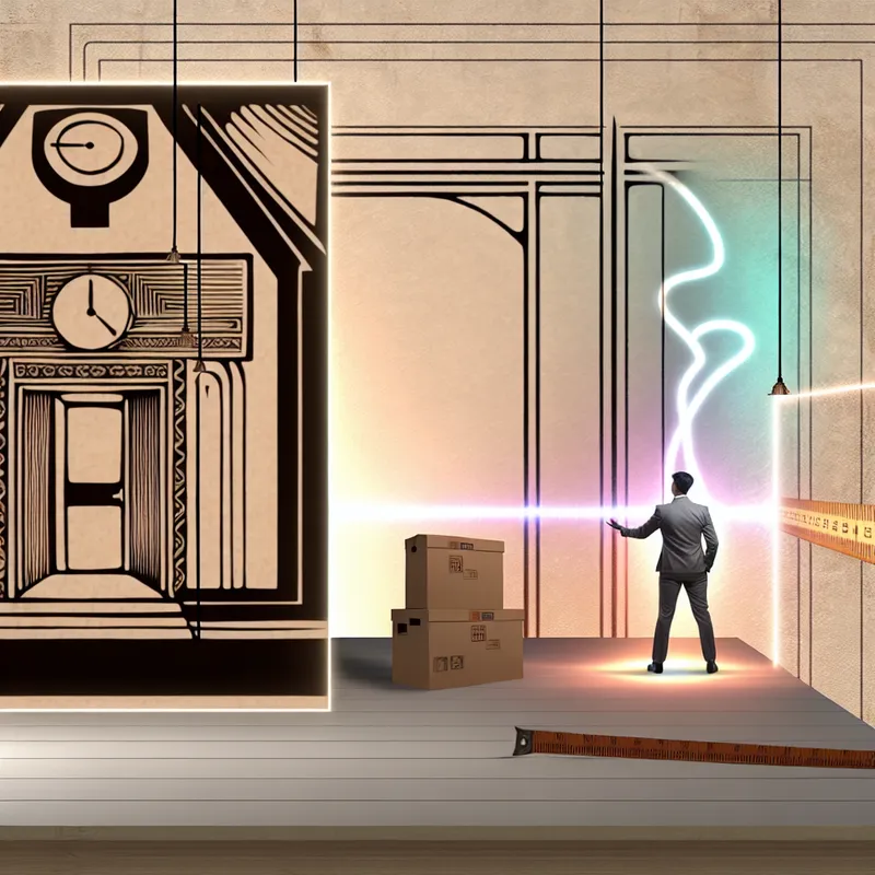 Minimalistische retro-futuristische illustratie van een persoon bij een kruispunt, symboliserend beslissingen en beperkingen in de context van 'mate' bij taalverwerving