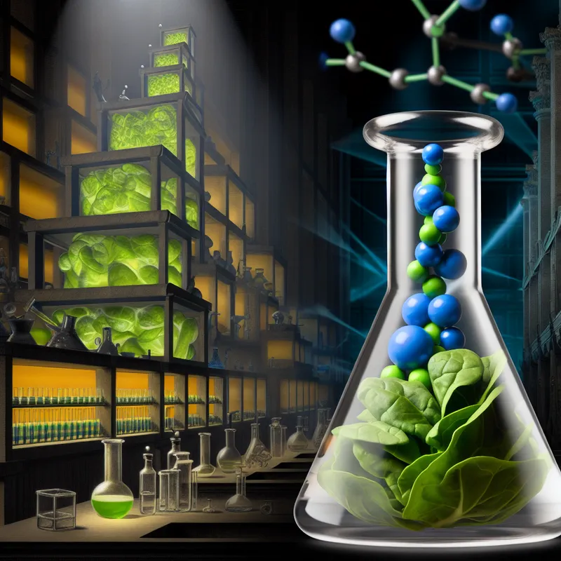 Hyperrealistisch surrealistisch laboratorium met een gloeiende beker waarin een groene groente met zichtbare voedingsstoffen zweeft, symboliserend materiaal en substanties in de wetenschap