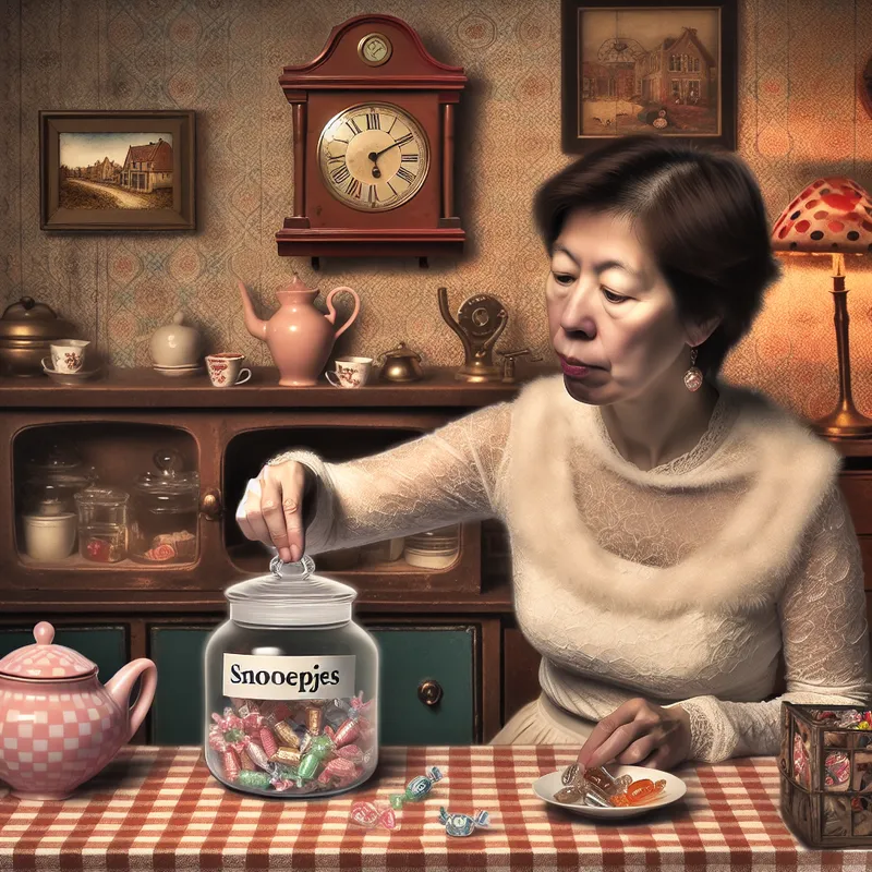 Vrouw pakt voorzichtig één snoepje uit een glazen pot met het label 'Snoepjes' in een nostalgische keuken, symbool voor matigheid en beperkt genot