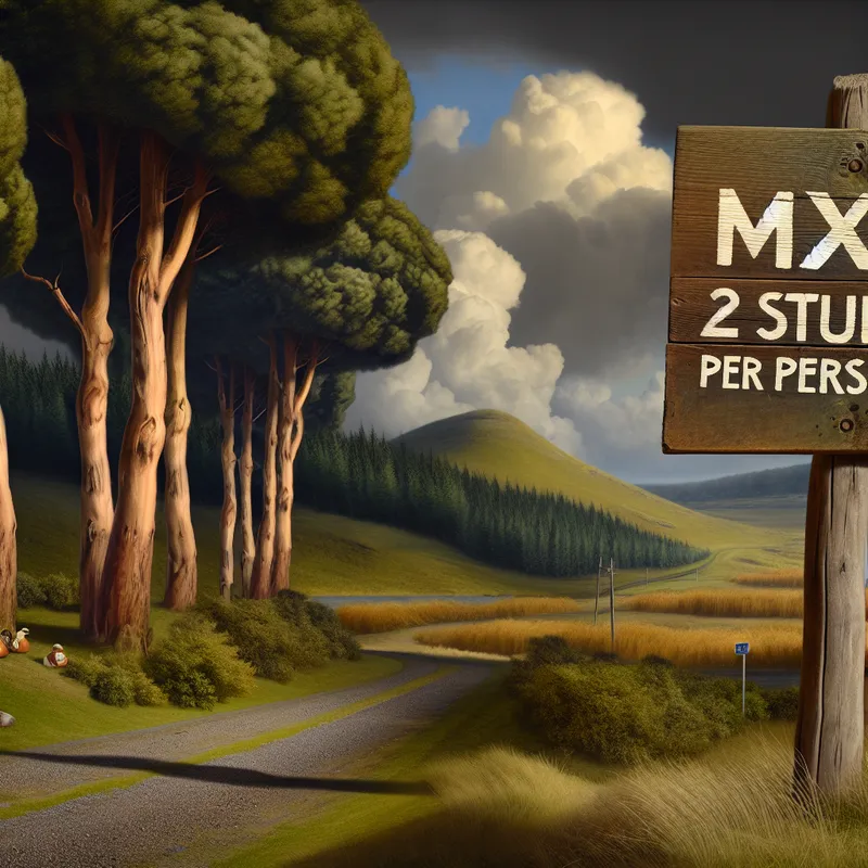 Houten wegwijzer met de tekst 'Max. 2 stuks per persoon' in een schilderachtig landschap, stijl van Jacob van Ruisdael