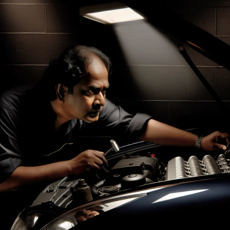 Een mechanic inspecteert een moderne auto in een slecht verlichte werkplaats met een enkele bovenliggende lamp.