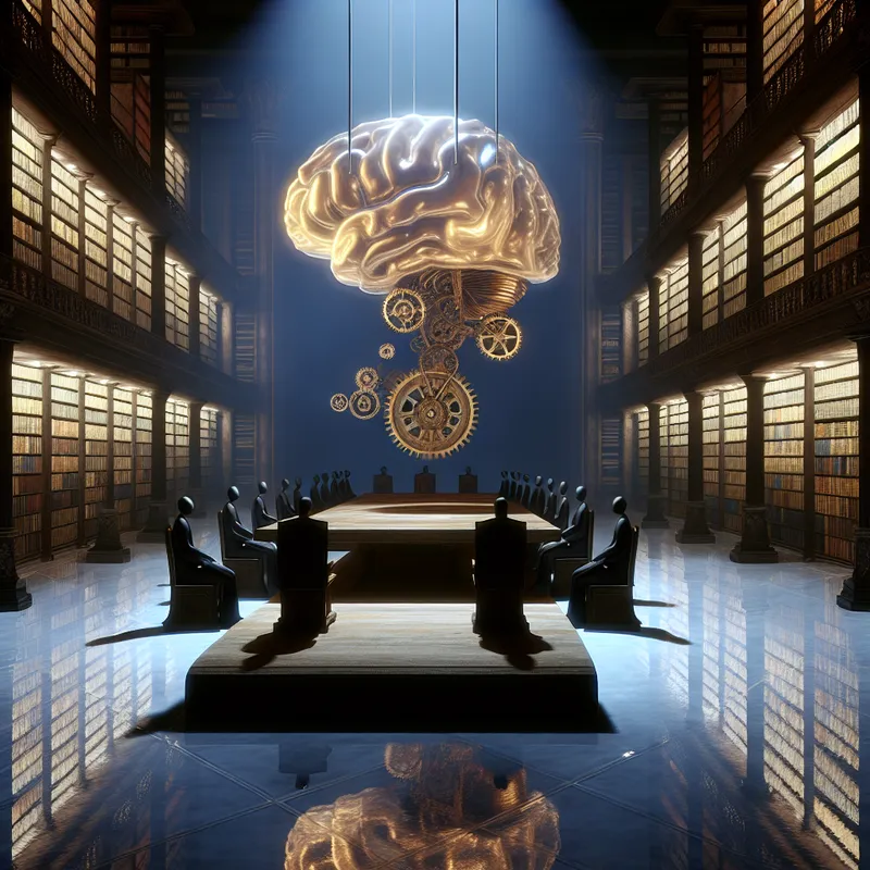Hyperrealistisch surrealistisch tafereel van een mechanisch brein dat logische redenering symboliseert in een grote bibliotheek met gloeiende boeken
