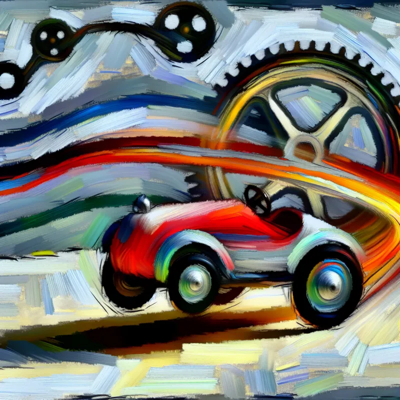 Abstracte afbeelding van een mechanische veer in een speelse speelgoedauto, met een nadruk op dynamische beweging en energie.
