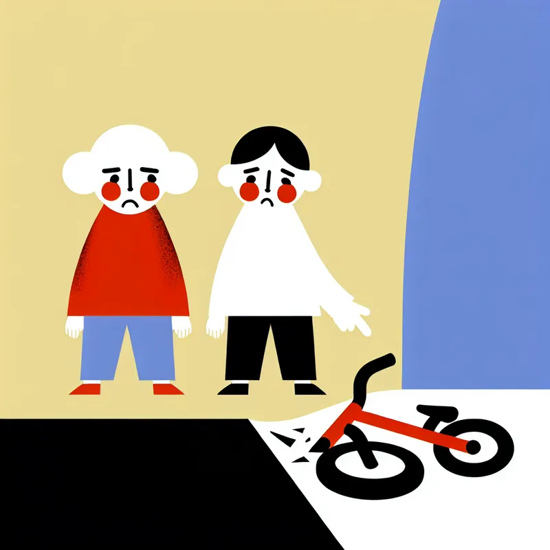Twee kinderfiguren in minimalistische stijl tonen medeleven bij een kapotte fiets, symbool voor teleurstelling en gestolen eigendom