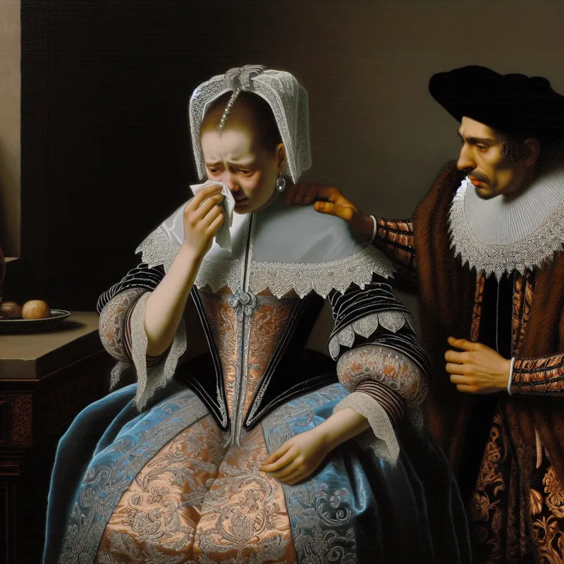 Twee mensen in 17e-eeuwse Nederlandse kleding tonen medeleven in een intiem schilderij met zachte belichting, waarbij de ene persoon troost biedt aan de ander die verdrietig is