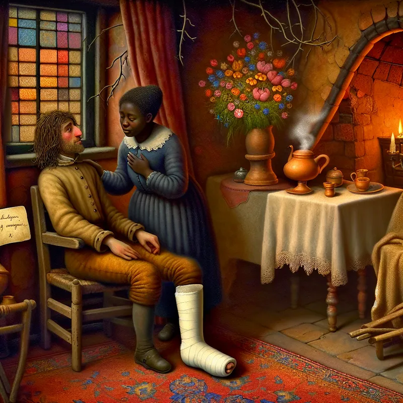 Illustratie van een nostalgische kamer waar iemand troost biedt aan een persoon met een been in het gips, met een beterschapskaart en een kopje thee op tafel