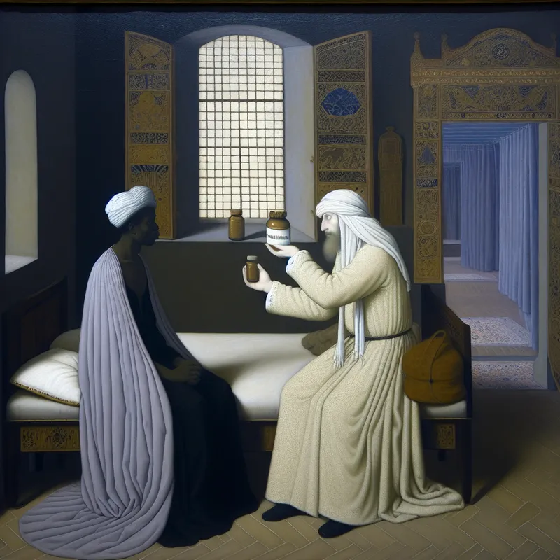 Artistieke weergave van een dokter die medicatie voorschrijft voor slapeloosheid in een kamer uit de Gouden Eeuw