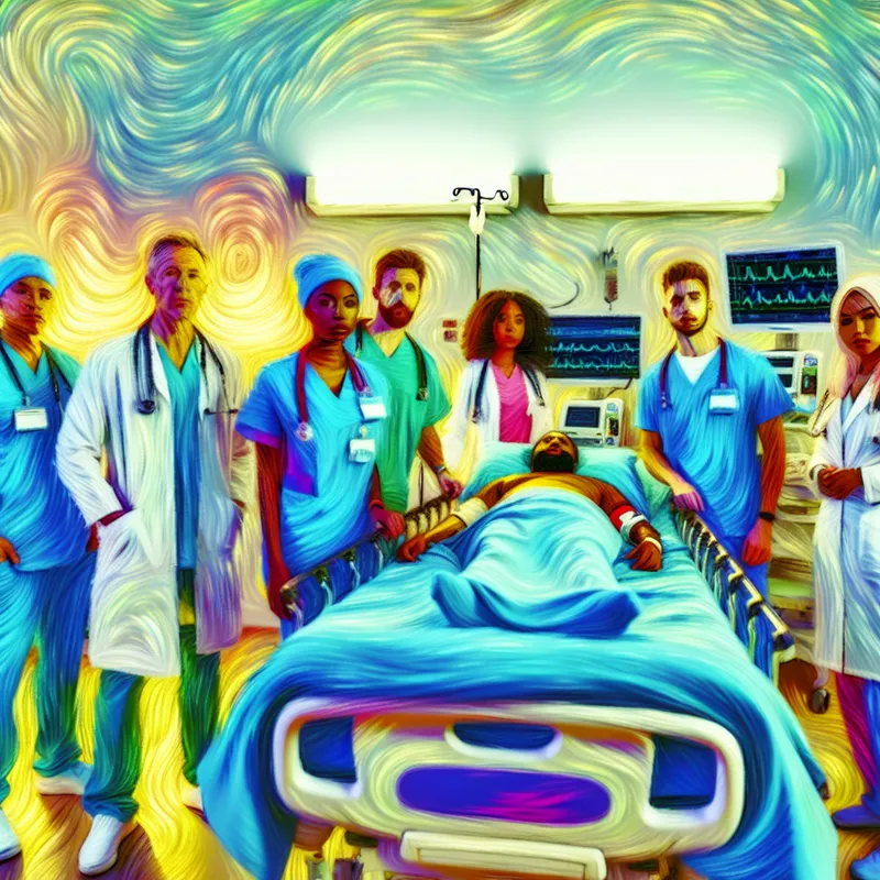 Medisch team bestaande uit artsen en verpleegkundigen in scrubs, omringend een patiënt in bed, in een ziekenhuissetting.