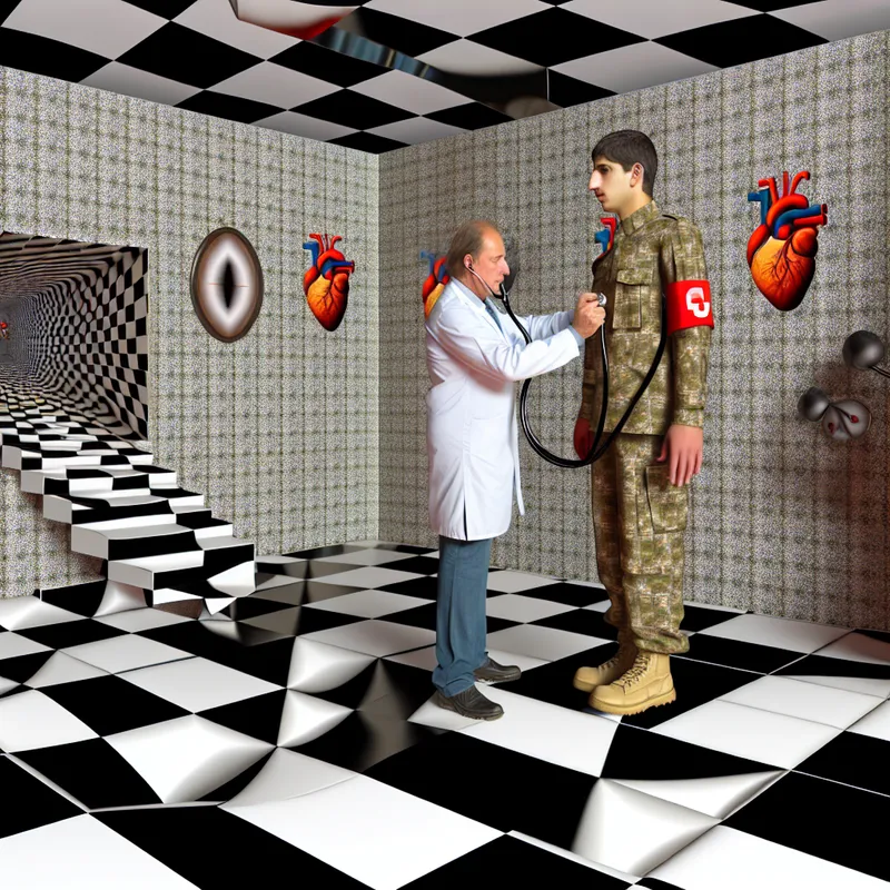 Surrealistische medische keuringsscène in de stijl van M.C. Escher met een arts die een soldaat onderzoekt in een labyrintische, gespiegelde ruimte met onmogelijke trappen en geometrische gezondheidssymbolen