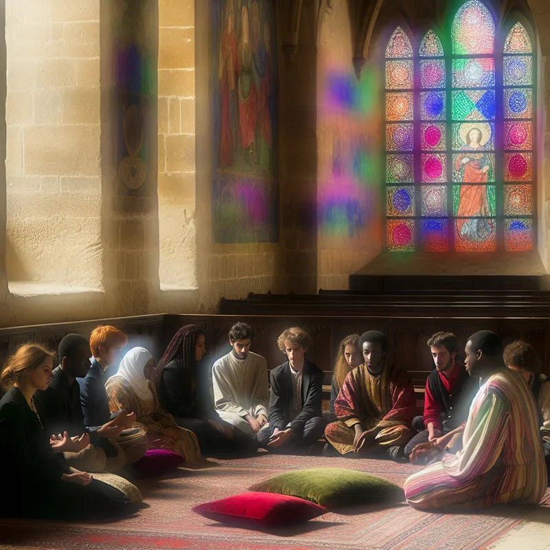 Een diverse groep mensen mediteren in een elegante oude kerk, met gekleurde patronen van glas in lood op de muren.