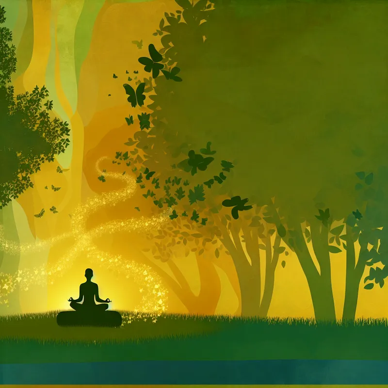 Een kindachtige figuur mediteert vredig in een groen park tijdens zonsondergang, omringd door bomen en bloemen.