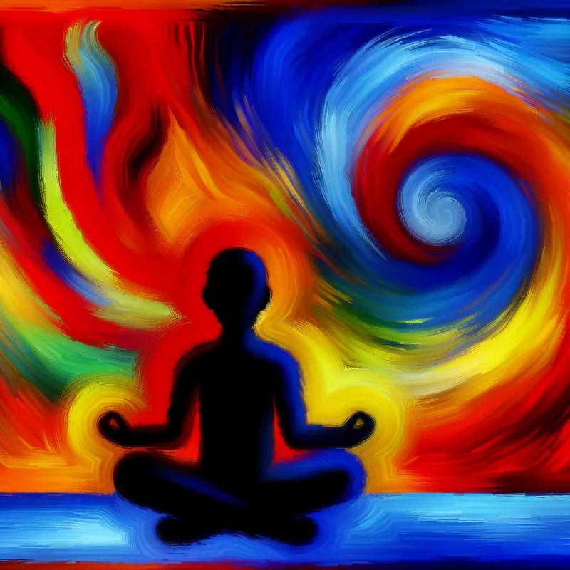 Abstracte afbeelding van een persoon in een meditieve houding omringd door kleurrijke energie-achtige zwemen, wat ontspanning en stressverlichting symboliseert