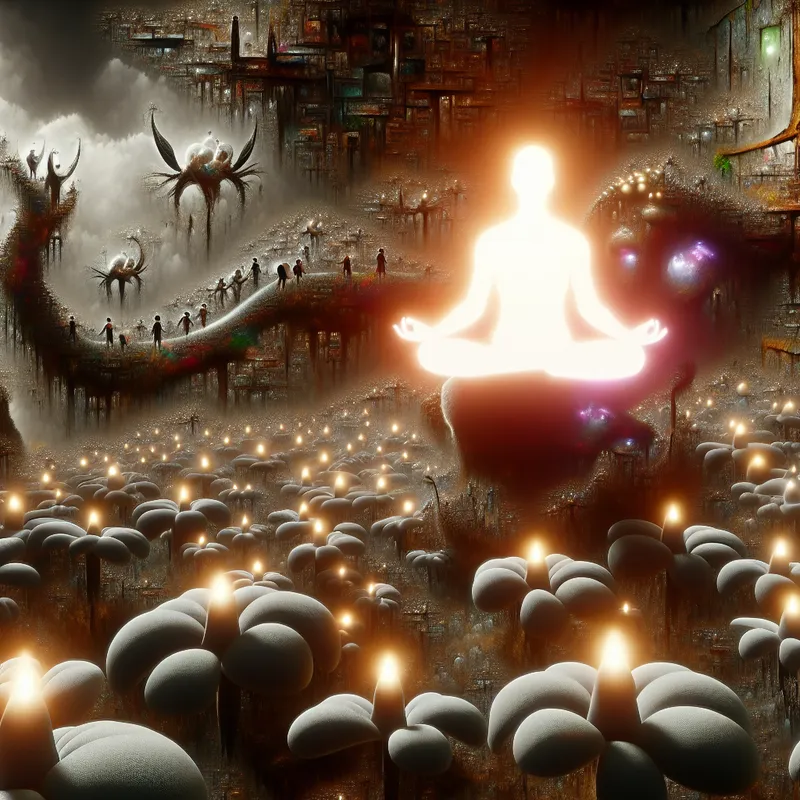 Een meditatieve figuur zit in kleermakerszit te midden van een chaotische omgeving vol vreemde wezens en rare planten, die kalmte symboliseert temidden van chaos.