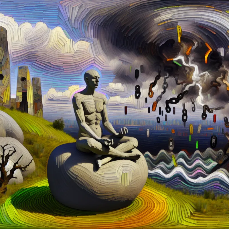 Een serene en surrealistische landschap met een ethereal figuur die mediteert op een grote, gladde steen, omgeven door levendige kleuren die positiviteit symboliseren en donkere wolken met negatieve symbolen op de achtergrond.