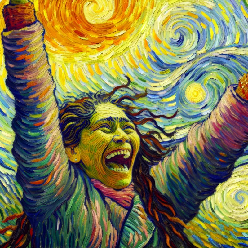 Vrolijke persoon met intense emotie in Van Gogh-stijl, symbool voor 'meer dan ooit' in taalvergelijkingen