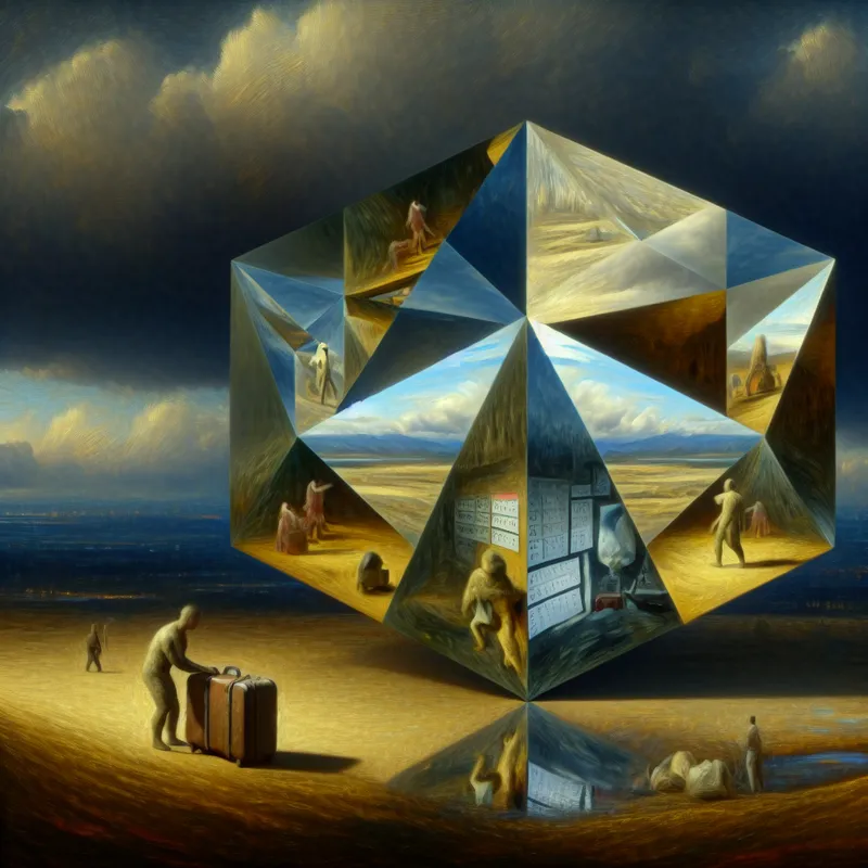 Hyperrealistisch surrealistisch schilderij van een geometrische kristalstructuur in een verlaten landschap, waarbij elke zijde een ander aspect van een situatie toont, zoals pakken voor vertrek en een volle agenda