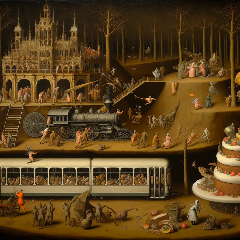 Surrealistische voorstelling van een meerderheid die een grote, versierde trein betreedt, terwijl een minderheid bij een eenvoudige bus staat, met een half opgegeten taart op de voorgrond