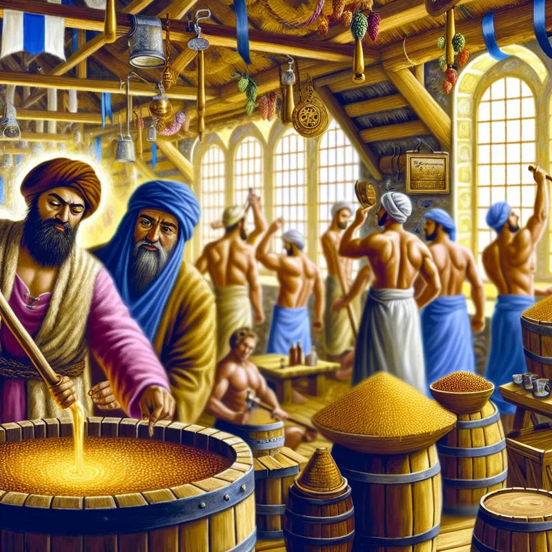 Master brouwer werkt met lokale ingrediënten in een traditionele brouwerij, omringd door houten vaten en brouw apparatuur