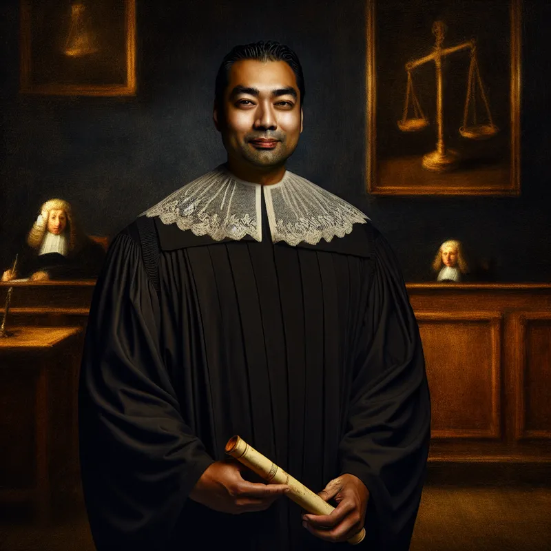 Gepromoveerde jurist in 17e-eeuwse rechtszaal, gekleed in zwarte toga met witte kanten kraag, houdt juridisch document vast in Rembrandt-stijl