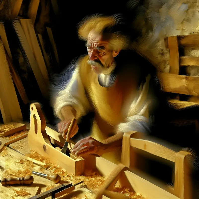 Oude meester-timmerman aan het werk in zijn ambachtelijke werkplaats met houten stoel en gereedschap