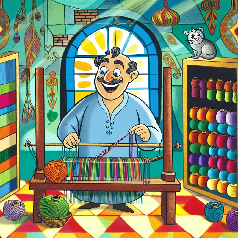 Een levendige cartoon van een meesterwever die met kleurrijke garens werkt op een groot weefgetouw in een textielwerkplaats.