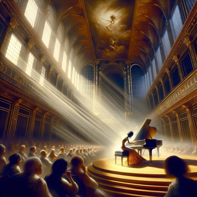 Pianist in concertzaal met gouden licht, omringd door betoverd publiek, toont meesterschap in muziek tijdens dramatisch landschap in stijl van Jacob van Ruisdael