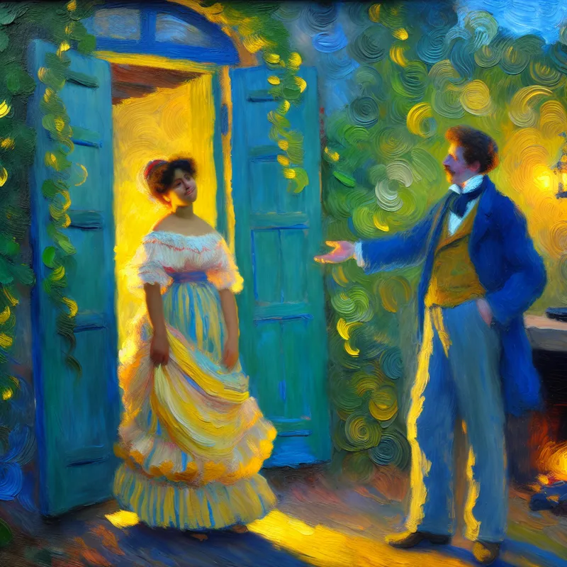 Intiem tafereel in Van Gogh-stijl van een man en zijn vrouwelijke partner bij een feestelijke ingang, genegenheid uitstralend met warme kleuren en expressieve penseelstreken