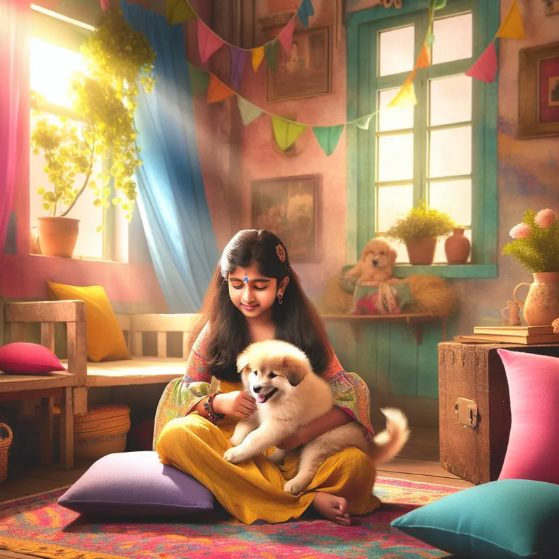 Een jong meisje dat liefdevol een kleine, pluizige puppy aait in een knusse, sprookjesachtige omgeving