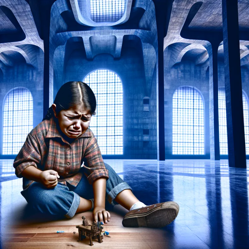 Een jonge meid met een gefrustreerde uitdrukking, zittend op de grond te midden van een lege, monumentale ruimte, met een gebroken speelgoed in haar hand.