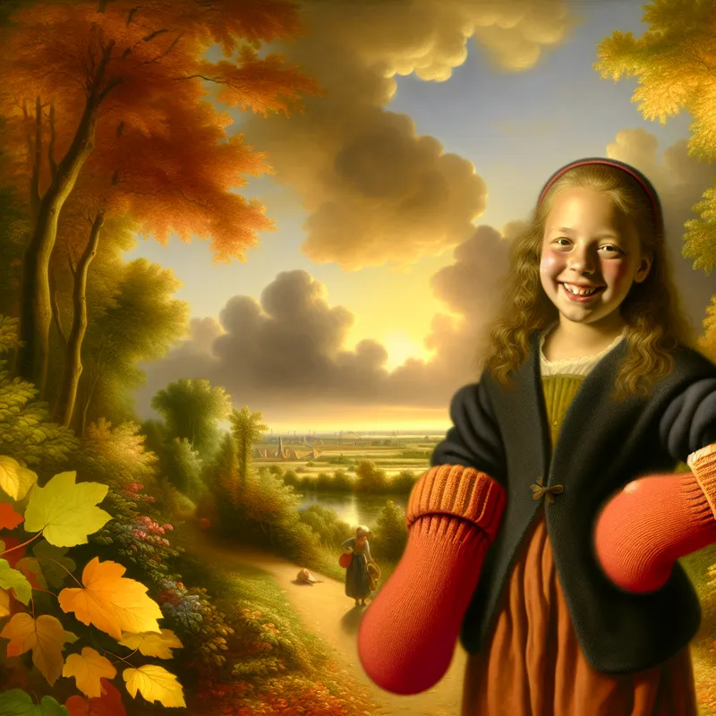 Een jonge glimlachende meisje draagt te grote wanten terwijl ze op een pad in een groen park staat, omringd door een prachtig landschap met wolken en de zon.