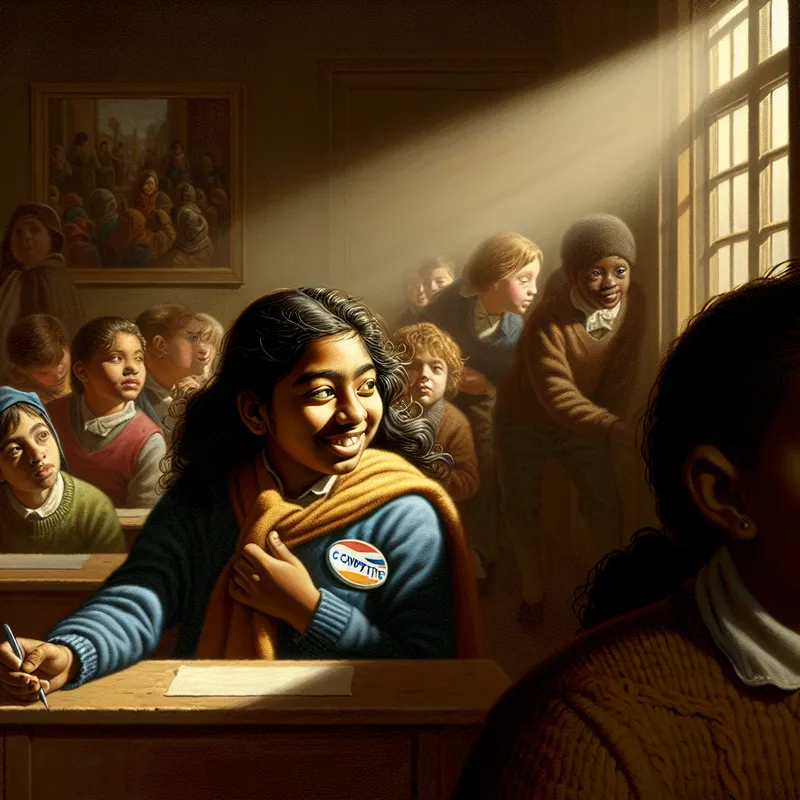 Meisje in een klaslokaal dat een badge met 'Competitie' vasthoudt, omgeven door leerlingen die haar bewonderend aankijken.