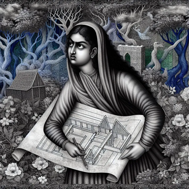 Bepaalde meisje in een weelderige tuin met blauwdrukken voor een houten hut