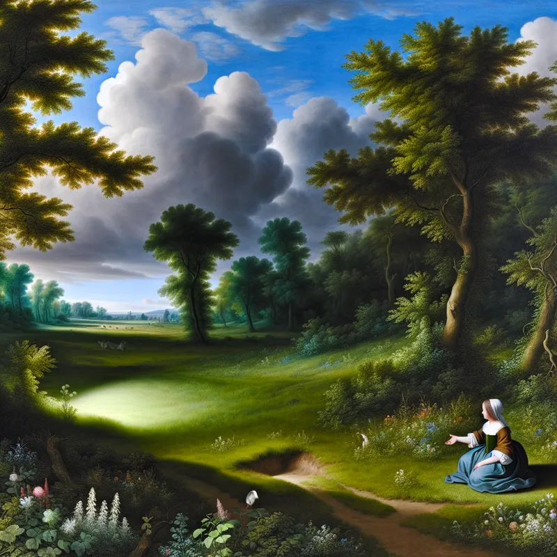 Jong meisje in een 17e-eeuws Nederlands landschap, spelend met haar denkbeeldige vriendje in een zonnige weide vol wilde bloemen en hoge bomen