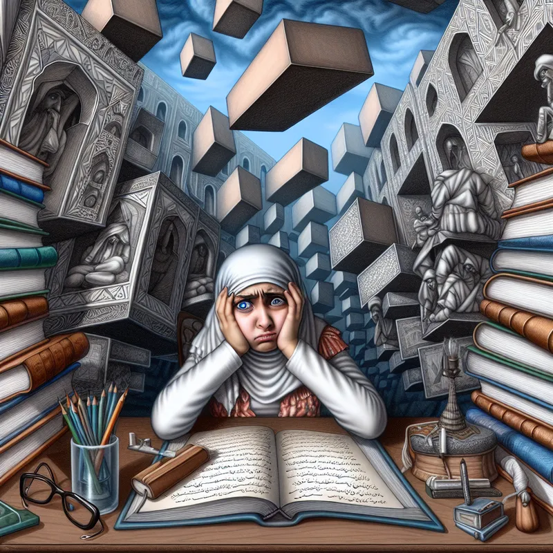 Een jong meisje zit aan een bureau, omringd door hoge boeken en schoolbenodigdheden die op haar neerdalen, wat de druk symboliseert die ze voelt van haar ouders.