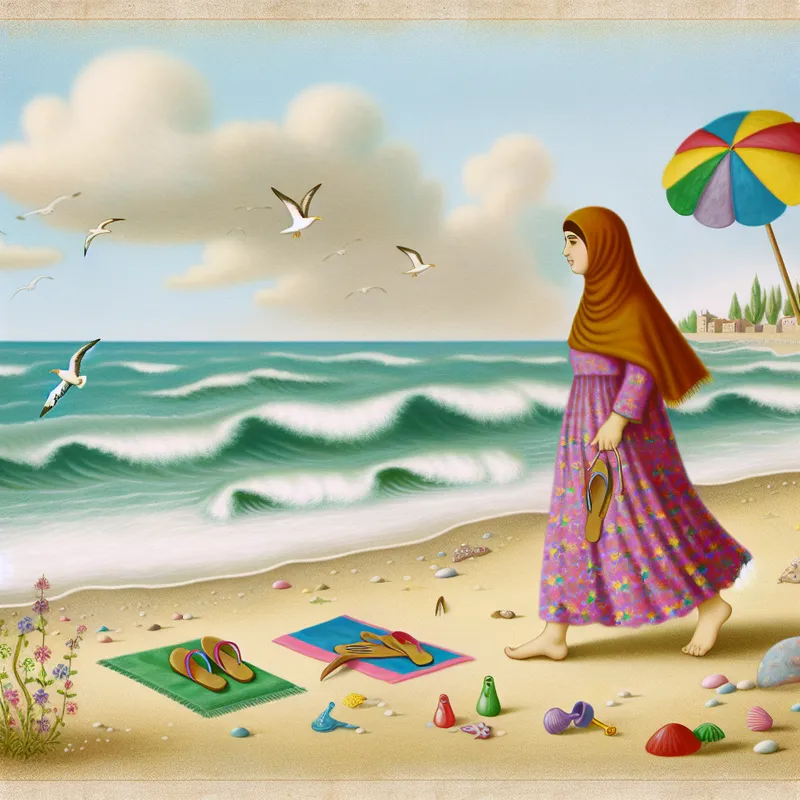 Een jonge meisje loopt op blote voeten over warm zand op het strand, met casual platte sandalen naast een strandhanddoek en een zonnige parasol.