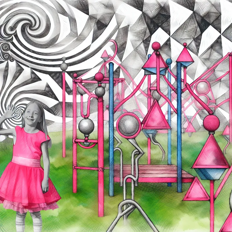 jong meisje in roze jurk speelt in een Escher-geïnspireerde speeltuin