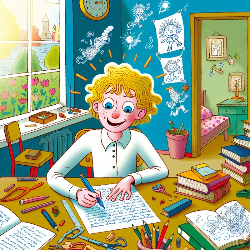 Een jonge meisje schrijft haar huiswerk met een blauwe pen op een bureau vol schoolspullen.