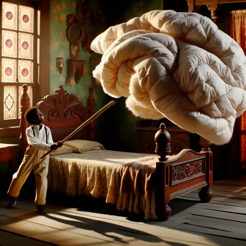 Een jong meisje slaat met een stok op een grote, luchtige dekbed boven een vintage bed.