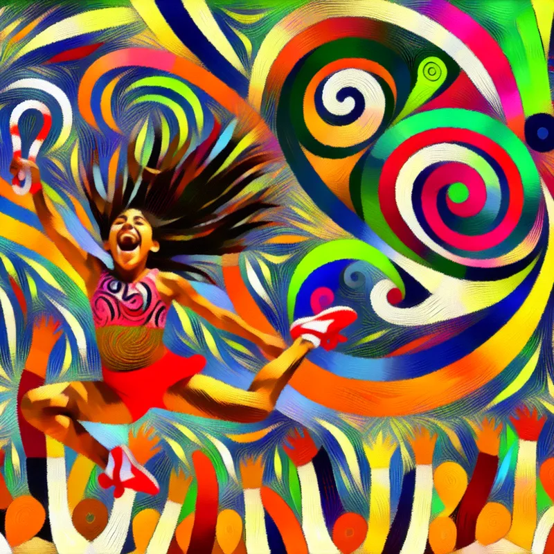 Een meisje dat vrolijk hoogspringt in een kleurrijke en energieke abstracte omgeving met zwierende patronen en een juichend publiek.