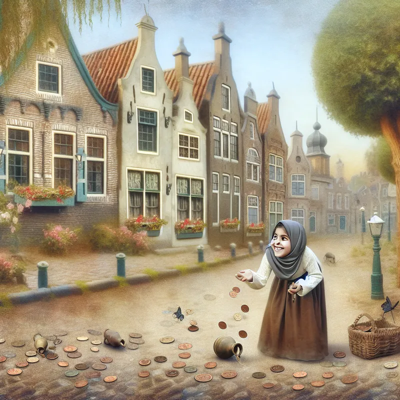Meisje verzamelt kleine muntjes op een geplaveid pad in een nostalgisch dorpsscène.