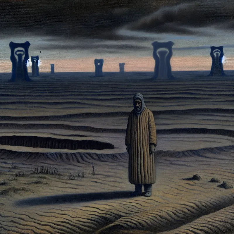Een melancholische figuur in een desolaat landschap met een sombere lucht