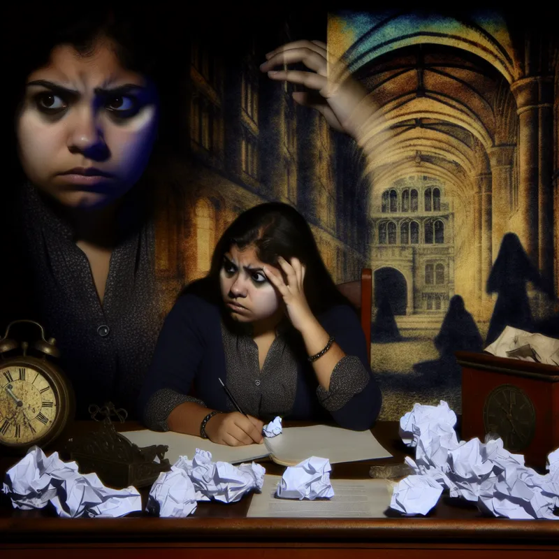 Een jonge vrouw zit verdrietig aan een bureau vol verkreukelde papieren en een kapotte klok, wat haar stress en verantwoordelijkheidsgevoel symboliseert.