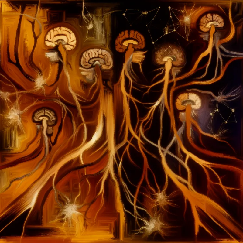 Artistieke weergave van het menselijk zenuwstelsel met een focus op de hersenen, wervelkolom en zenuwen in een dramatische stijl.