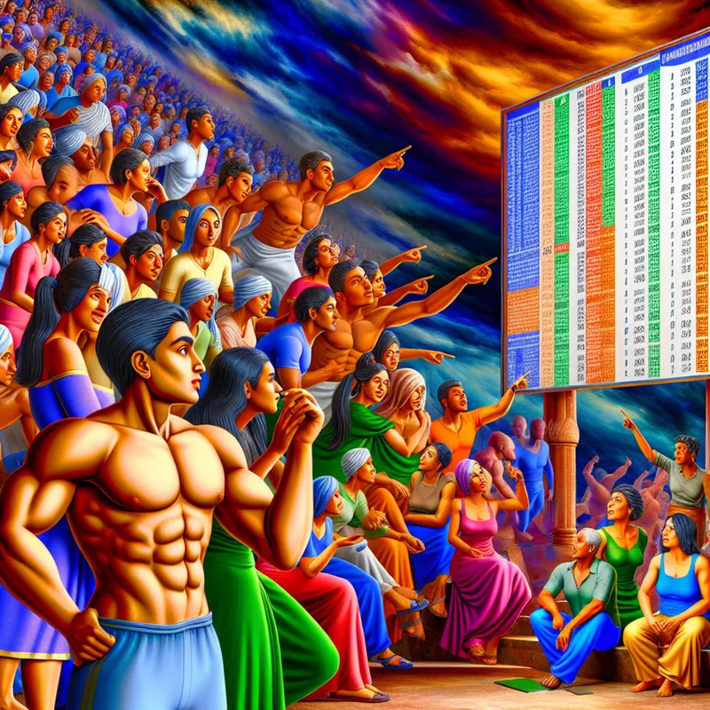 Een drukke menigte verzameld rond een groot scorebord met daarop de scores van verschillende sportteams. Een gespierde man in de voorgrond schrijft zijn gok op een stuk papier.