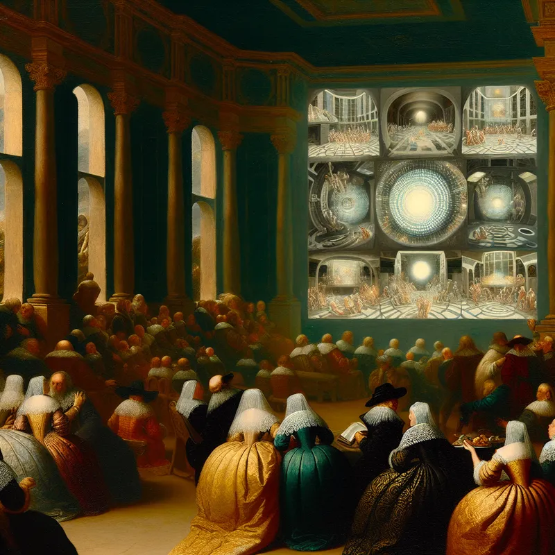 Elegant schilderij van een diverse groep mensen die samen naar de Olympische Spelen kijken in een luxueuze kamer, symboliserend wereldwijde eenheid