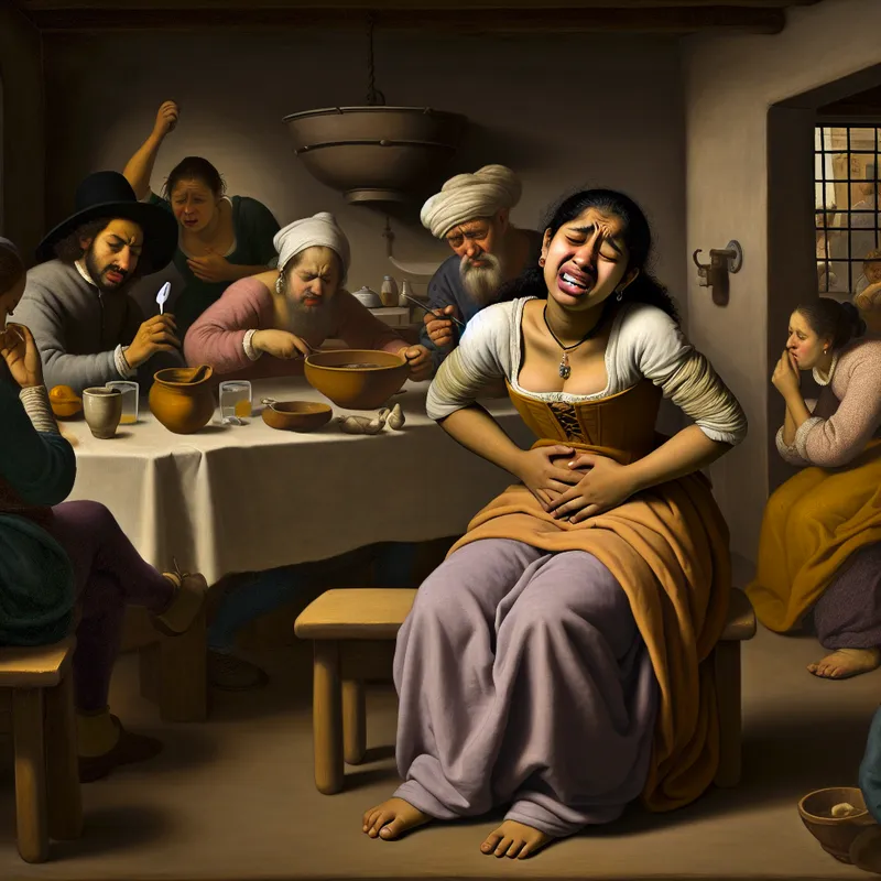 Jonge vrouw met een pained expression die haar buik vasthoudt terwijl ze aan tafel zit, omgeven door familiescenes in een drukke keuken.